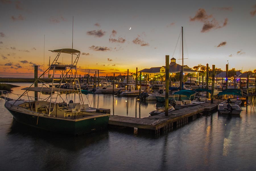 A peaceful evening shot of a Murrells Inlet marina.